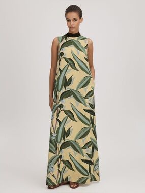 Florere Printed High Neck Maxi Dress in Pale Yellow